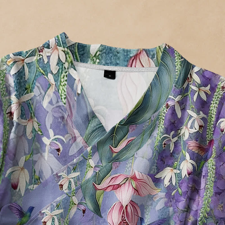 Buddha Stones Kimono da donna a maniche lunghe, stile Hanfu, con scollo a V e allacciatura, in cotone con stampa floreale di lavanda e colibrì. - image 2
