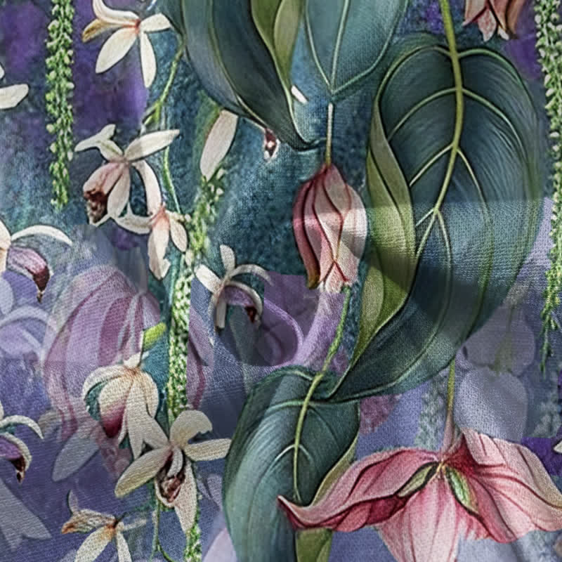 Buddha Stones Kimono da donna a maniche lunghe, stile Hanfu, con scollo a V e allacciatura, in cotone con stampa floreale di lavanda e colibrì. - image 4