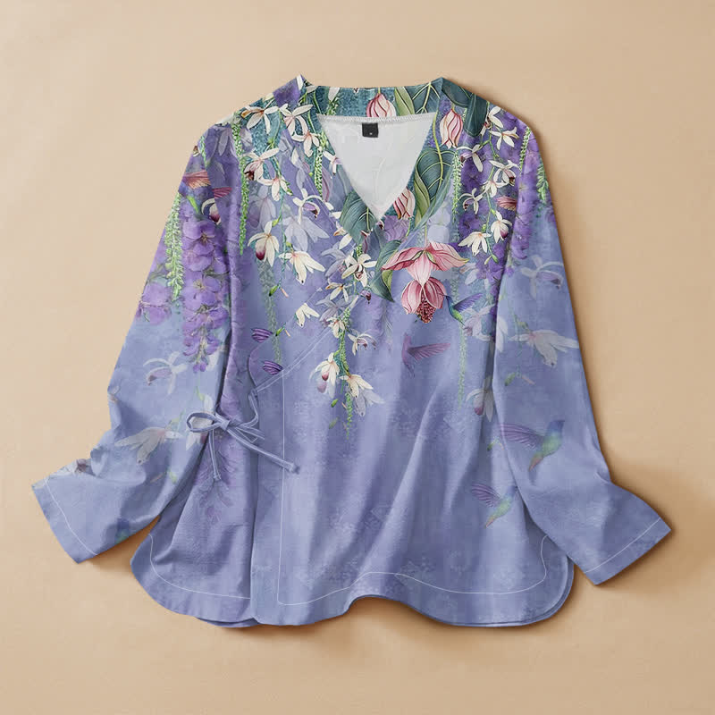 Buddha Stones Kimono da donna a maniche lunghe, stile Hanfu, con scollo a V e allacciatura, in cotone con stampa floreale di lavanda e colibrì. - Blu ardesia medio - US16, UK/AU20, EU48 (3XL) - image 0