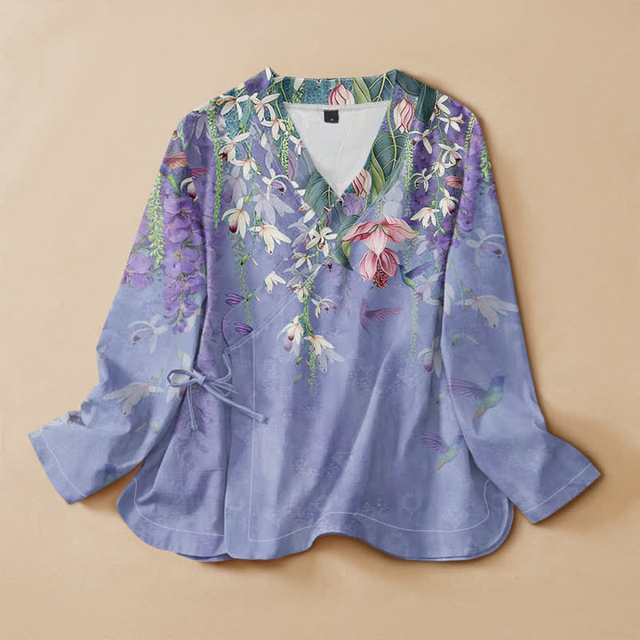 Buddha Stones Kimono da donna a maniche lunghe, stile Hanfu, con scollo a V e allacciatura, in cotone con stampa floreale di lavanda e colibrì. - Blu ardesia medio - US16, UK/AU20, EU48 (3XL) - image 0
