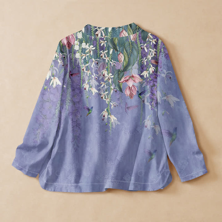Buddha Stones Kimono da donna a maniche lunghe, stile Hanfu, con scollo a V e allacciatura, in cotone con stampa floreale di lavanda e colibrì. - image 1