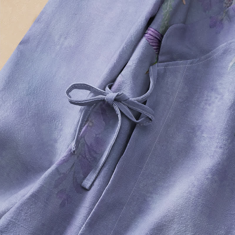 Buddha Stones Kimono da donna a maniche lunghe, stile Hanfu, con scollo a V e allacciatura, in cotone con stampa floreale di lavanda e colibrì. - image 3