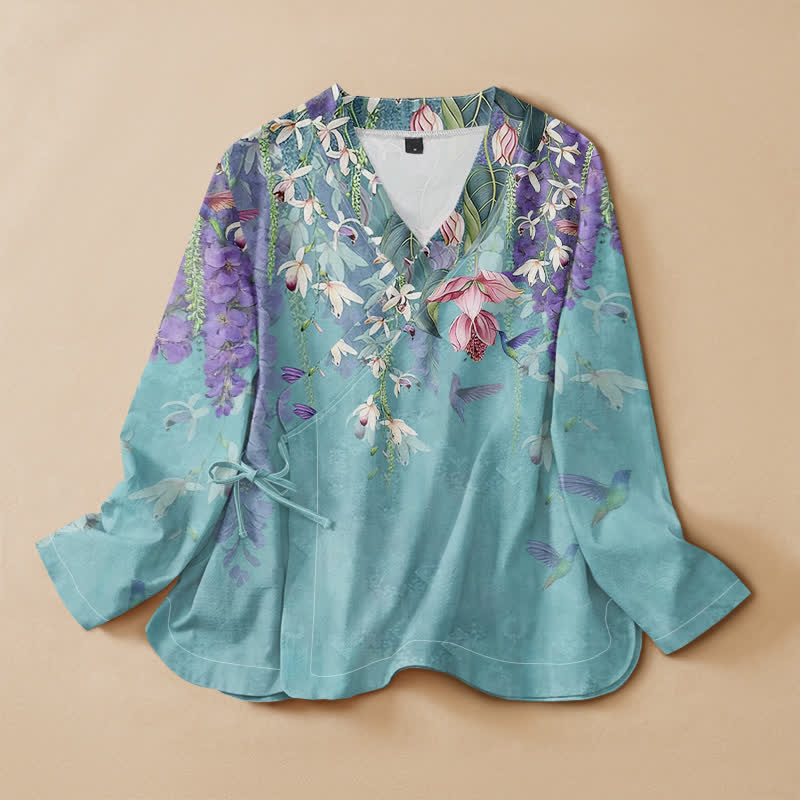 Buddha Stones Kimono da donna a maniche lunghe, stile Hanfu, con scollo a V e allacciatura, in cotone con stampa floreale di lavanda e colibrì. - Turchese - US16, UK/AU20, EU48 (3XL) - image 5