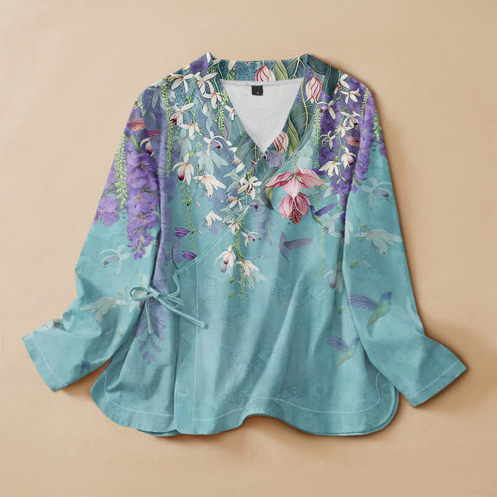 Buddha Stones Kimono da donna a maniche lunghe, stile Hanfu, con scollo a V e allacciatura, in cotone con stampa floreale di lavanda e colibrì. - Turchese - US16, UK/AU20, EU48 (3XL) - image 5