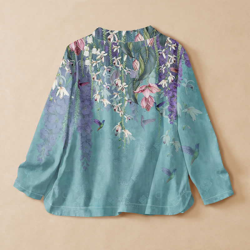 Buddha Stones Kimono da donna a maniche lunghe, stile Hanfu, con scollo a V e allacciatura, in cotone con stampa floreale di lavanda e colibrì. - image 6