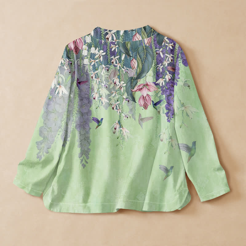 Buddha Stones Kimono da donna a maniche lunghe, stile Hanfu, con scollo a V e allacciatura, in cotone con stampa floreale di lavanda e colibrì. - image 8