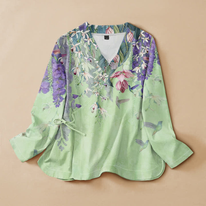 Buddha Stones Kimono da donna a maniche lunghe, stile Hanfu, con scollo a V e allacciatura, in cotone con stampa floreale di lavanda e colibrì. - Verde pallido - US16, UK/AU20, EU48 (3XL) - image 7