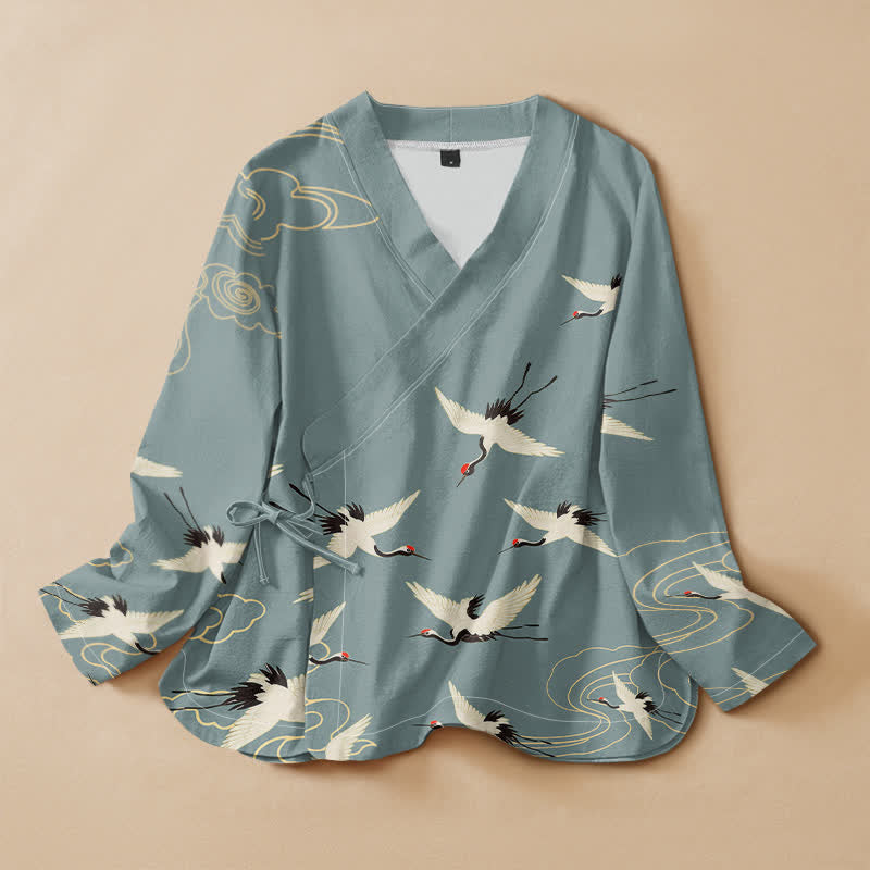 Buddha Stones Kimono da donna a maniche lunghe, stile Hanfu, con scollo a V e allacciatura, in cotone rosso con stampa di gru e corona. - Azzurro polvere - US16, UK/AU20, EU48 (3XL) - image 0