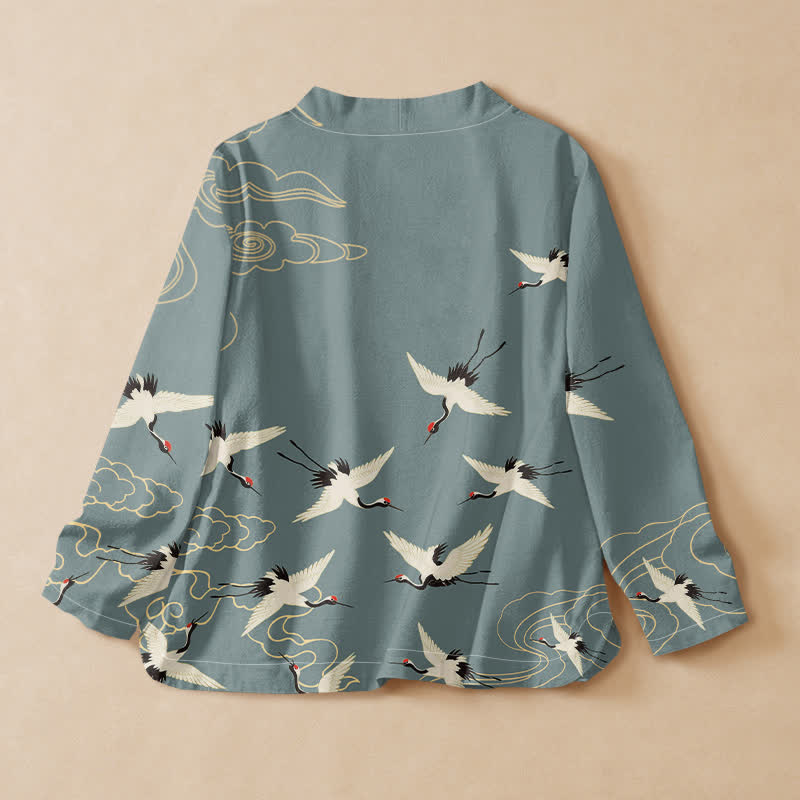Buddha Stones Kimono da donna a maniche lunghe, stile Hanfu, con scollo a V e allacciatura, in cotone rosso con stampa di gru e corona. - image 1