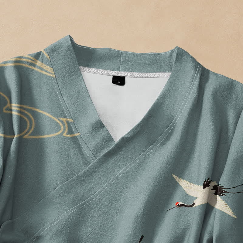 Buddha Stones Kimono da donna a maniche lunghe, stile Hanfu, con scollo a V e allacciatura, in cotone rosso con stampa di gru e corona. - image 2