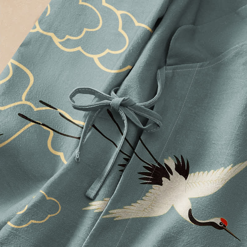 Buddha Stones Kimono da donna a maniche lunghe, stile Hanfu, con scollo a V e allacciatura, in cotone rosso con stampa di gru e corona. - image 3