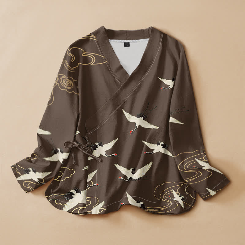 Buddha Stones Kimono da donna a maniche lunghe, stile Hanfu, con scollo a V e allacciatura, in cotone rosso con stampa di gru e corona. - Marrone sella - US16, UK/AU20, EU48 (3XL) - image 5
