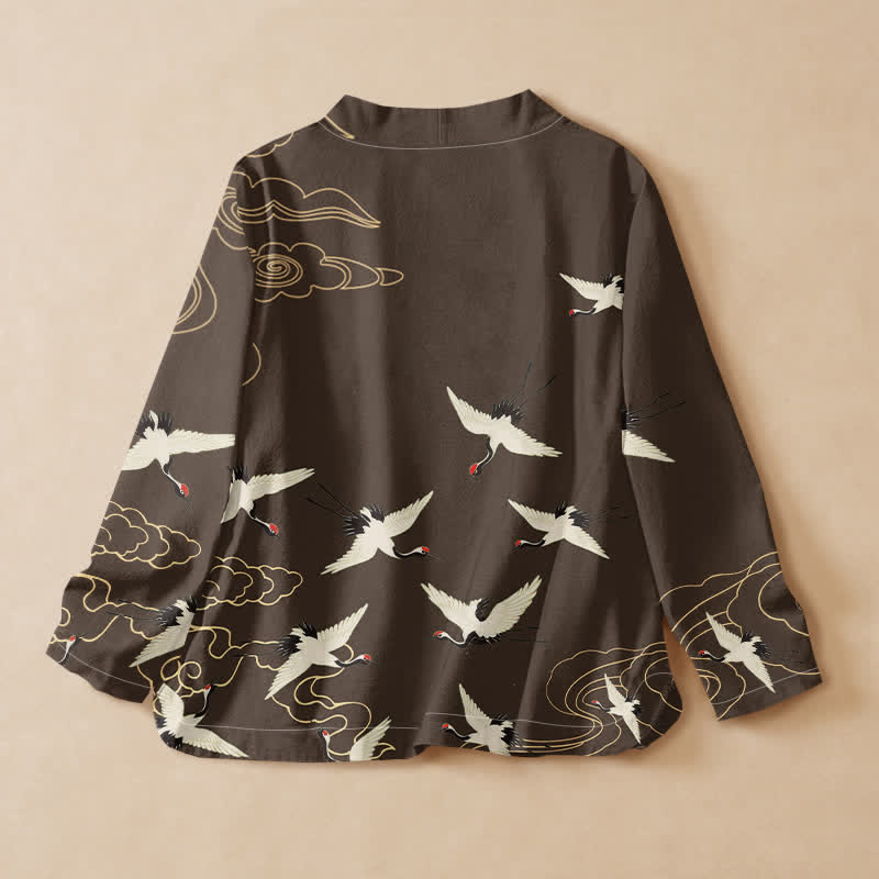 Buddha Stones Kimono da donna a maniche lunghe, stile Hanfu, con scollo a V e allacciatura, in cotone rosso con stampa di gru e corona. - image 6