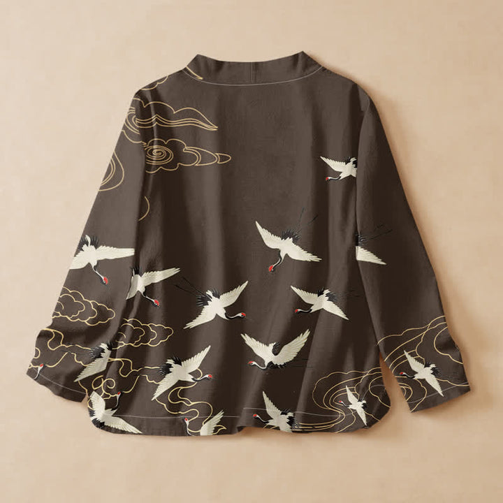 Buddha Stones Kimono da donna a maniche lunghe, stile Hanfu, con scollo a V e allacciatura, in cotone rosso con stampa di gru e corona. - image 6
