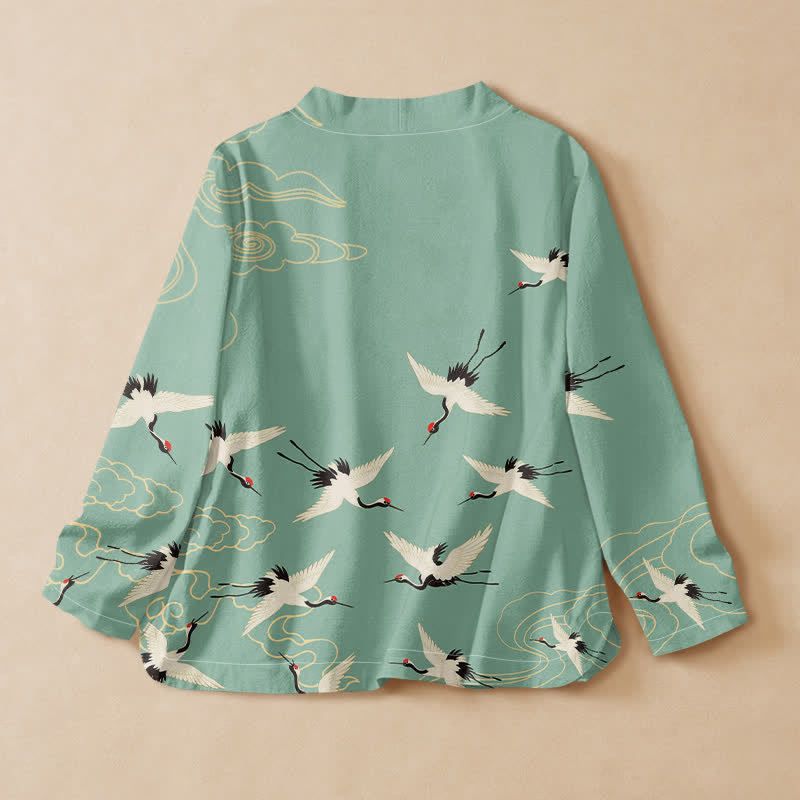 Buddha Stones Kimono da donna a maniche lunghe, stile Hanfu, con scollo a V e allacciatura, in cotone rosso con stampa di gru e corona. - image 8