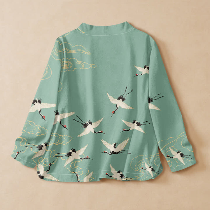 Buddha Stones Kimono da donna a maniche lunghe, stile Hanfu, con scollo a V e allacciatura, in cotone rosso con stampa di gru e corona. - image 8