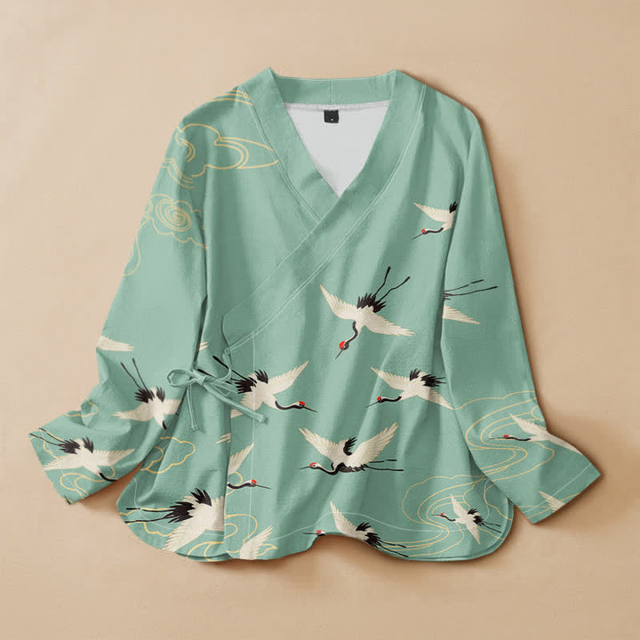 Buddha Stones Kimono da donna a maniche lunghe, stile Hanfu, con scollo a V e allacciatura, in cotone rosso con stampa di gru e corona. - Turchese - US16, UK/AU20, EU48 (3XL) - image 7
