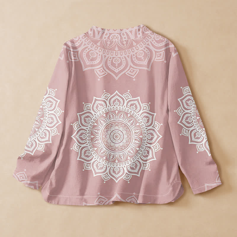 Buddha Stones Kimono da donna a maniche lunghe, stile Hanfu, con scollo a V e allacciatura, in cotone bianco con stampa mandala. - image 1