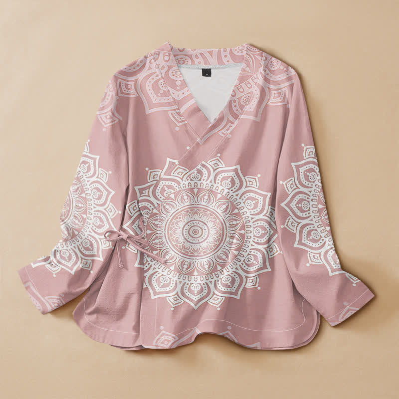 Buddha Stones Kimono da donna a maniche lunghe, stile Hanfu, con scollo a V e allacciatura, in cotone bianco con stampa mandala. - Rosa chiaro - US16, UK/AU20, EU48 (3XL) - image 0