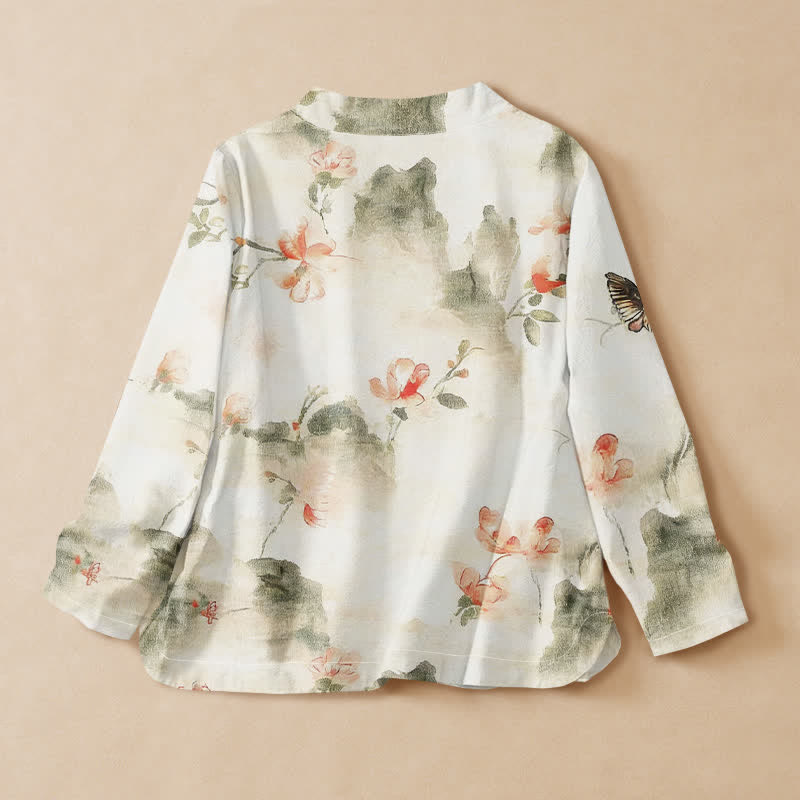 Buddha Stones Kimono da donna a maniche lunghe, stile Hanfu, con scollo a V e allacciatura, in cotone con stampa floreale e farfalle. - image 1