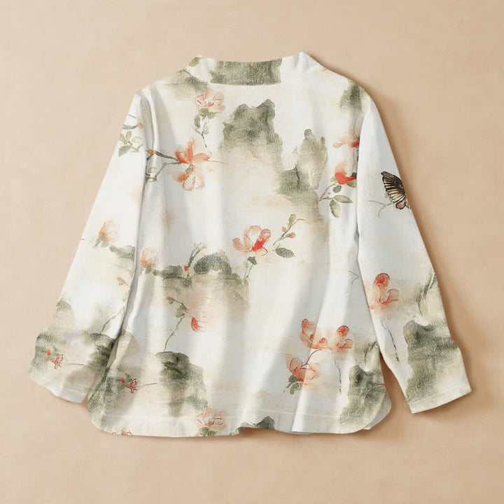 Buddha Stones Kimono da donna a maniche lunghe, stile Hanfu, con scollo a V e allacciatura, in cotone con stampa floreale e farfalle. - image 1