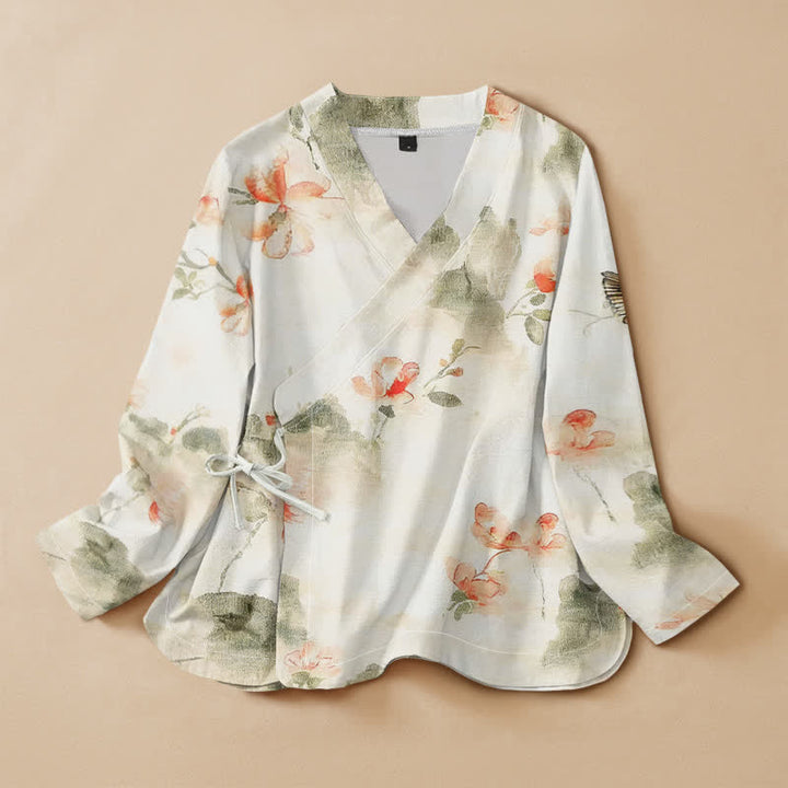 Buddha Stones Kimono da donna a maniche lunghe, stile Hanfu, con scollo a V e allacciatura, in cotone con stampa floreale e farfalle. - Avorio - US16, UK/AU20, EU48 (3XL) - image 0