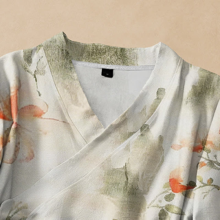 Buddha Stones Kimono da donna a maniche lunghe, stile Hanfu, con scollo a V e allacciatura, in cotone con stampa floreale e farfalle. - image 2