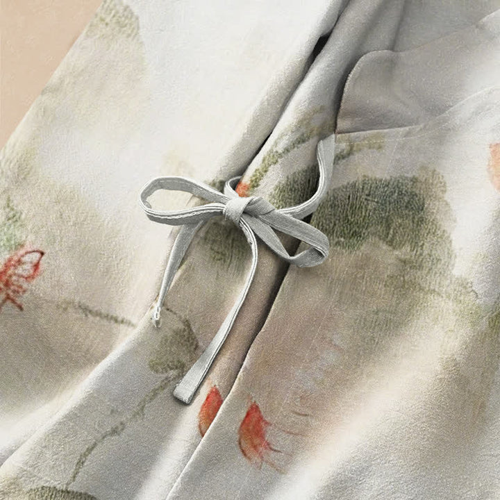 Buddha Stones Kimono da donna a maniche lunghe, stile Hanfu, con scollo a V e allacciatura, in cotone con stampa floreale e farfalle. - image 3