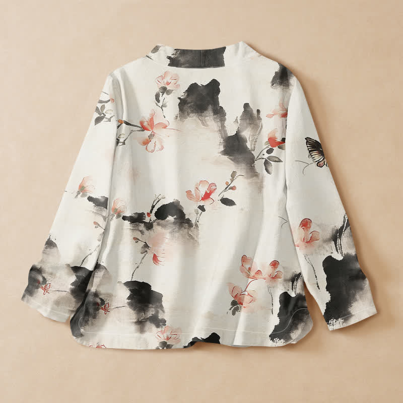 Buddha Stones Kimono da donna a maniche lunghe, stile Hanfu, con scollo a V e allacciatura, in cotone con stampa floreale e farfalle. - image 6