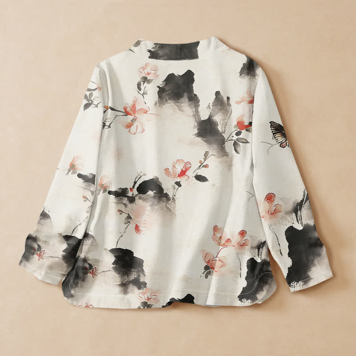 Buddha Stones Kimono da donna a maniche lunghe, stile Hanfu, con scollo a V e allacciatura, in cotone con stampa floreale e farfalle. - image 6