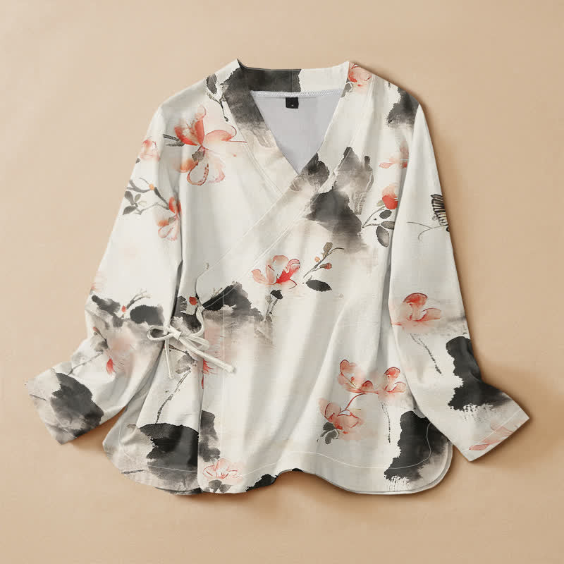 Buddha Stones Kimono da donna a maniche lunghe, stile Hanfu, con scollo a V e allacciatura, in cotone con stampa floreale e farfalle. - Biancheria - US16, UK/AU20, EU48 (3XL) - image 5