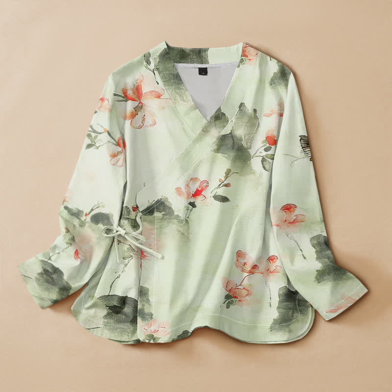 Buddha Stones Kimono da donna a maniche lunghe, stile Hanfu, con scollo a V e allacciatura, in cotone con stampa floreale e farfalle. - Melata - US16, UK/AU20, EU48 (3XL) - image 7