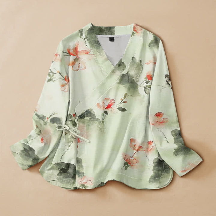 Buddha Stones Kimono da donna a maniche lunghe, stile Hanfu, con scollo a V e allacciatura, in cotone con stampa floreale e farfalle. - Melata - US16, UK/AU20, EU48 (3XL) - image 7