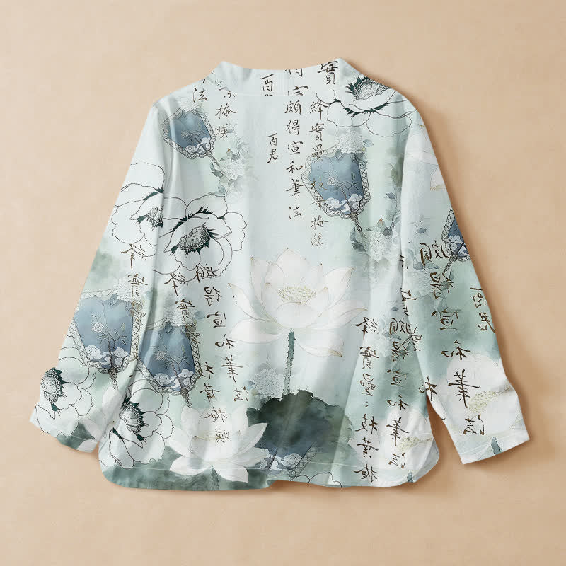 Buddha Stones Kimono da donna a maniche lunghe con scollo a V e allacciatura, in stile Hanfu, con stampa calligrafica a loto e motivo di cotone. - image 1
