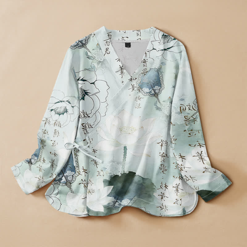 Buddha Stones Kimono da donna a maniche lunghe con scollo a V e allacciatura, in stile Hanfu, con stampa calligrafica a loto e motivo di cotone. - AliceBlue - US16, UK/AU20, EU48 (3XL) - image 0