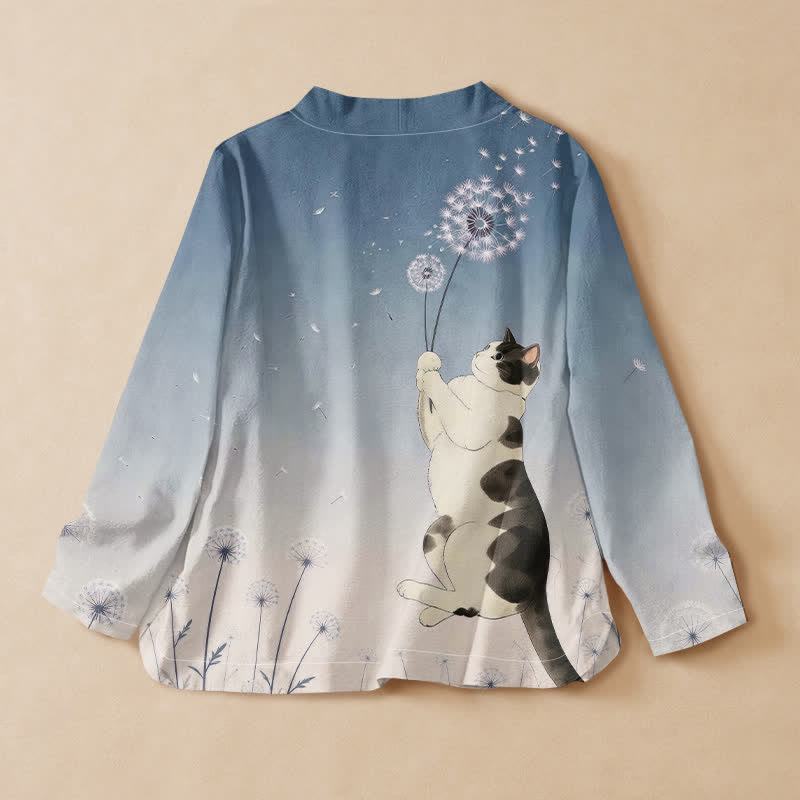 Buddha Stones Kimono da donna a maniche lunghe, stile Hanfu, con scollo a V e allacciatura, in cotone con stampa di tarassaco e gatto. - image 1