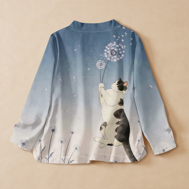 Buddha Stones Kimono da donna a maniche lunghe, stile Hanfu, con scollo a V e allacciatura, in cotone con stampa di tarassaco e gatto. - image 1