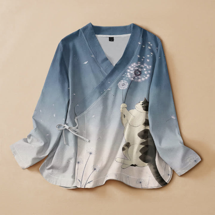 Buddha Stones Kimono da donna a maniche lunghe, stile Hanfu, con scollo a V e allacciatura, in cotone con stampa di tarassaco e gatto. - SteelBlue - US16, UK/AU20, EU48 (3XL) - image 0