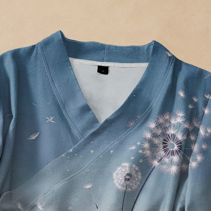 Buddha Stones Kimono da donna a maniche lunghe, stile Hanfu, con scollo a V e allacciatura, in cotone con stampa di tarassaco e gatto. - image 2