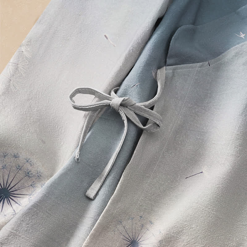 Buddha Stones Kimono da donna a maniche lunghe, stile Hanfu, con scollo a V e allacciatura, in cotone con stampa di tarassaco e gatto. - image 3