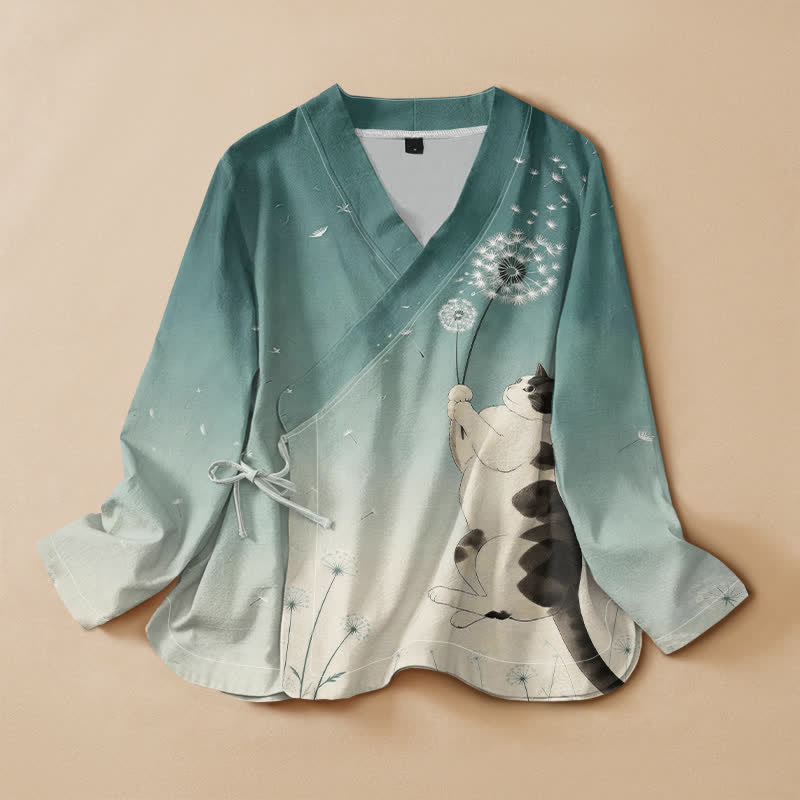 Buddha Stones Kimono da donna a maniche lunghe, stile Hanfu, con scollo a V e allacciatura, in cotone con stampa di tarassaco e gatto. - Verde Mare Chiaro - US16, UK/AU20, EU48 (3XL) - image 5