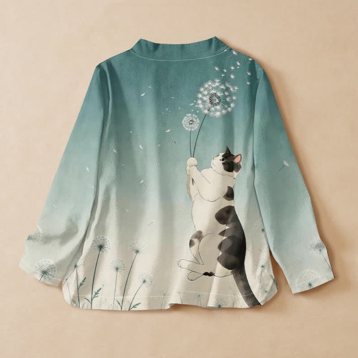 Buddha Stones Kimono da donna a maniche lunghe, stile Hanfu, con scollo a V e allacciatura, in cotone con stampa di tarassaco e gatto. - image 6