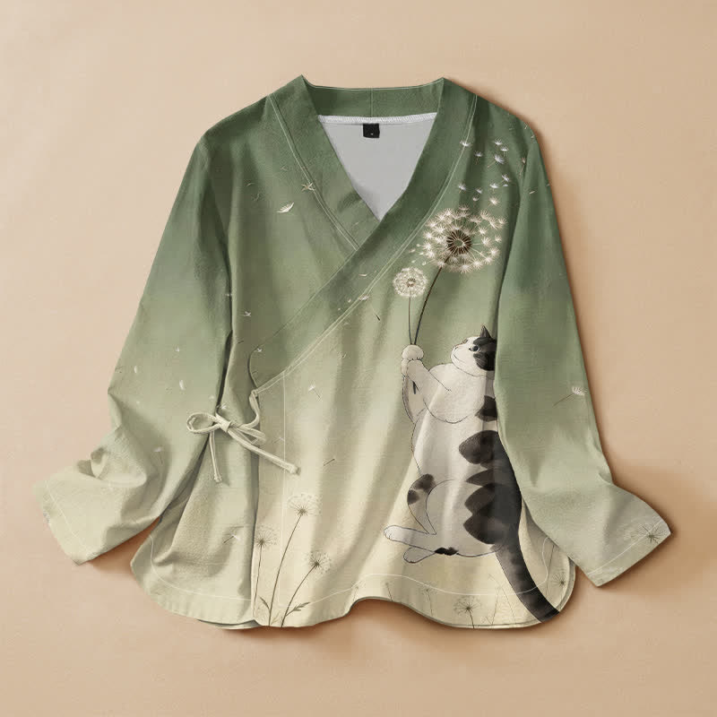 Buddha Stones Kimono da donna a maniche lunghe, stile Hanfu, con scollo a V e allacciatura, in cotone con stampa di tarassaco e gatto. - Verde oliva - US16, UK/AU20, EU48 (3XL) - image 7