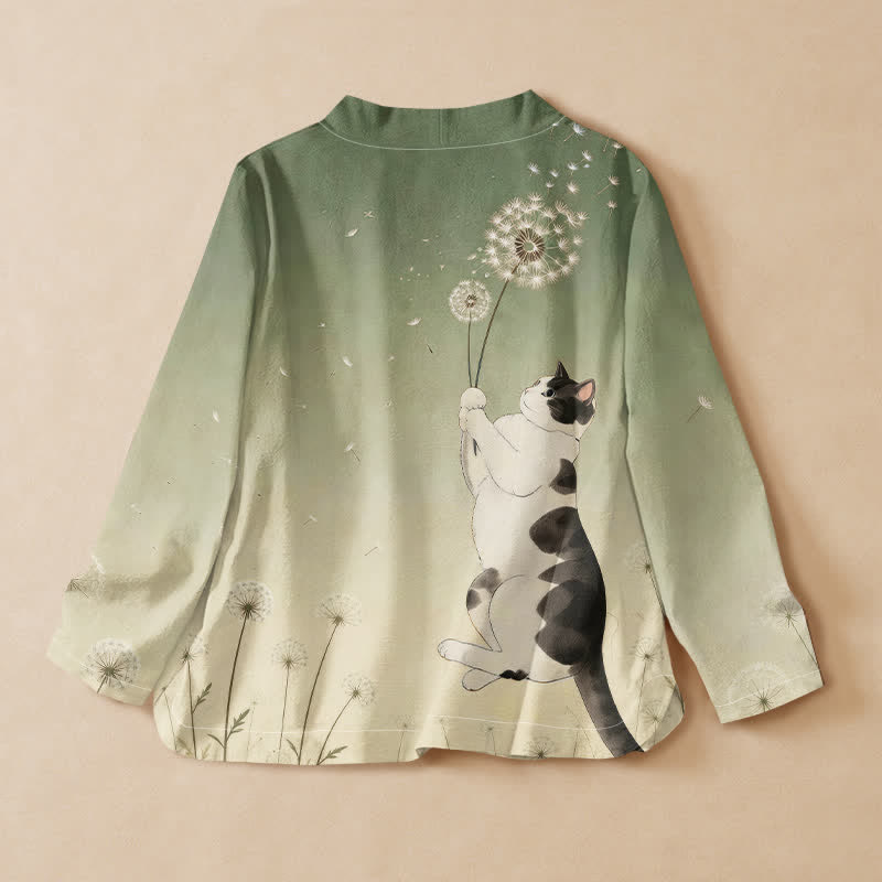 Buddha Stones Kimono da donna a maniche lunghe, stile Hanfu, con scollo a V e allacciatura, in cotone con stampa di tarassaco e gatto. - image 8