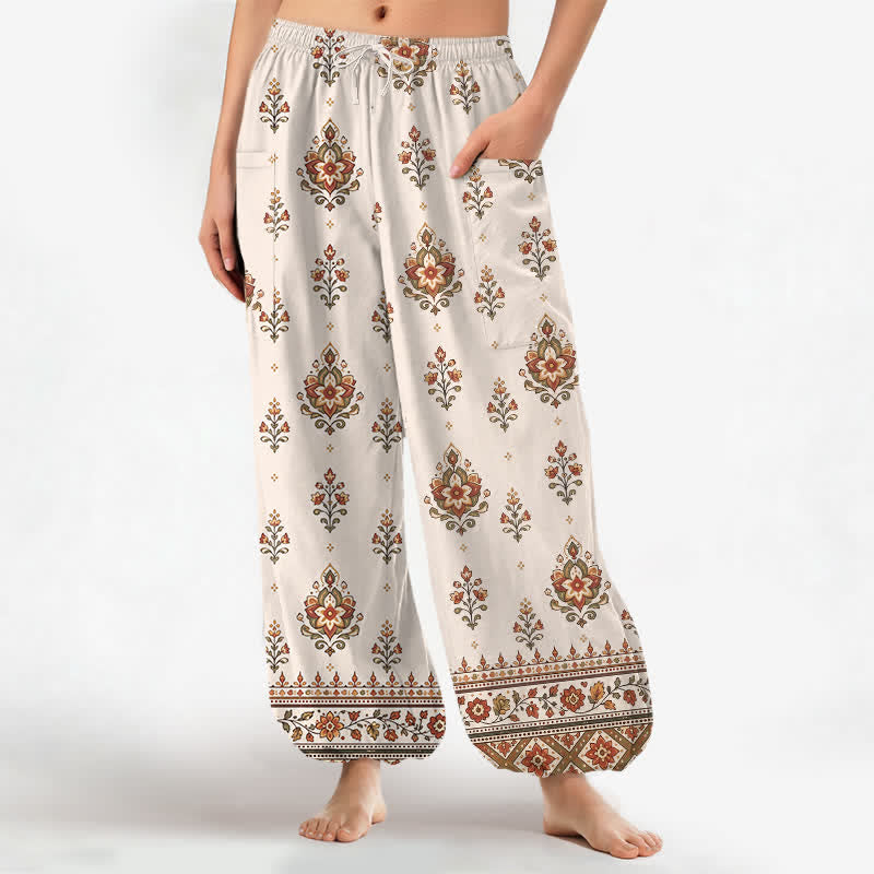 Buddha Stones Pantaloni harem da donna in cotone, stile bohémien, con fantasia floreale etnica e vita elasticizzata, dotati di tasche laterali. - Beige - US16, UK/AU20, EU48 (3XL) - image 0