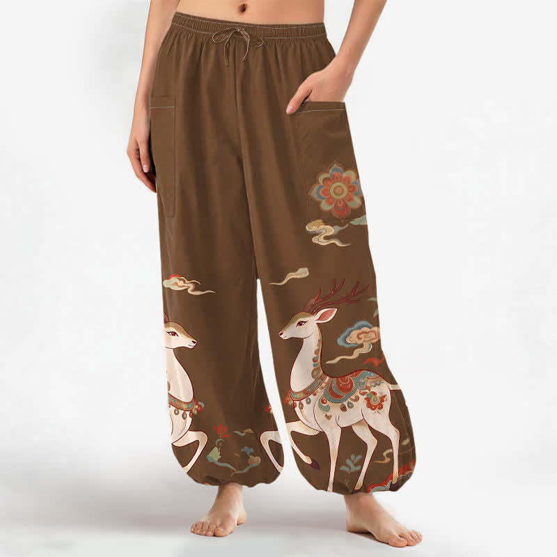 Buddha Stones Pantaloni harem da donna in cotone con elastico in vita e motivo boho cervi nuvole, con tasche laterali. - Siena - US16, UK/AU20, EU48 (3XL) - image 0