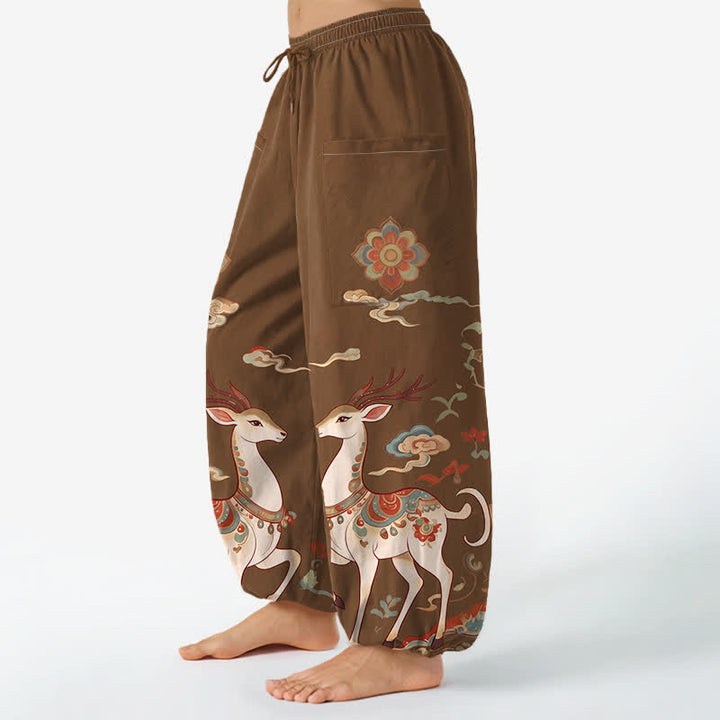 Buddha Stones Pantaloni harem da donna in cotone con elastico in vita e motivo boho cervi nuvole, con tasche laterali. - image 1