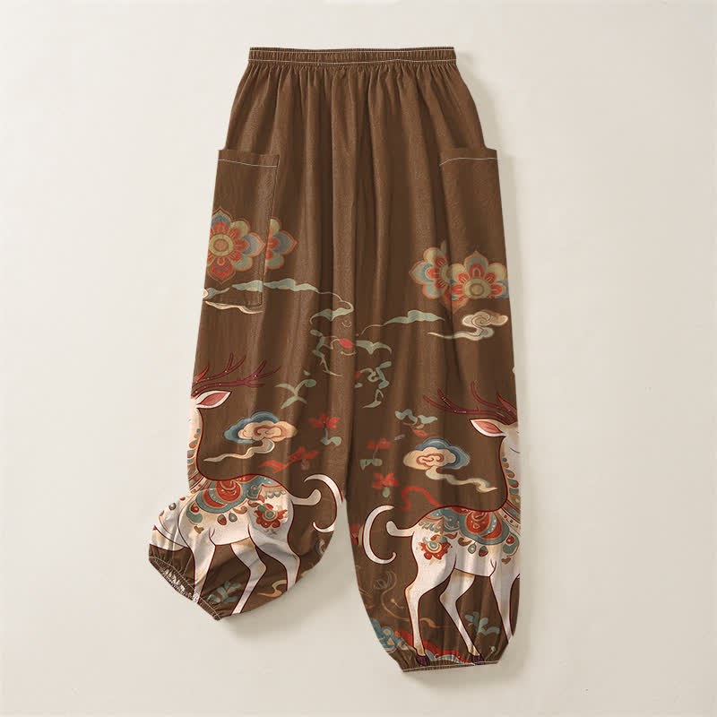 Buddha Stones Pantaloni harem da donna in cotone con elastico in vita e motivo boho cervi nuvole, con tasche laterali. - image 4
