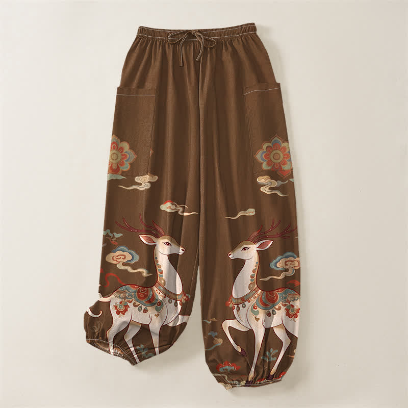 Buddha Stones Pantaloni harem da donna in cotone con elastico in vita e motivo boho cervi nuvole, con tasche laterali. - image 3