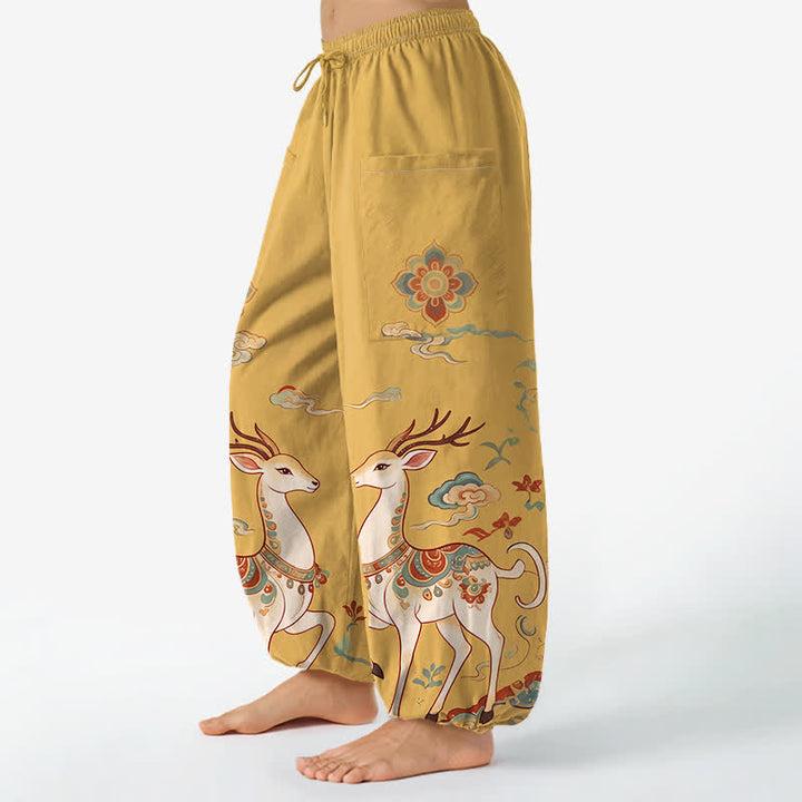 Buddha Stones Pantaloni harem da donna in cotone con elastico in vita e motivo boho cervi nuvole, con tasche laterali. - image 8